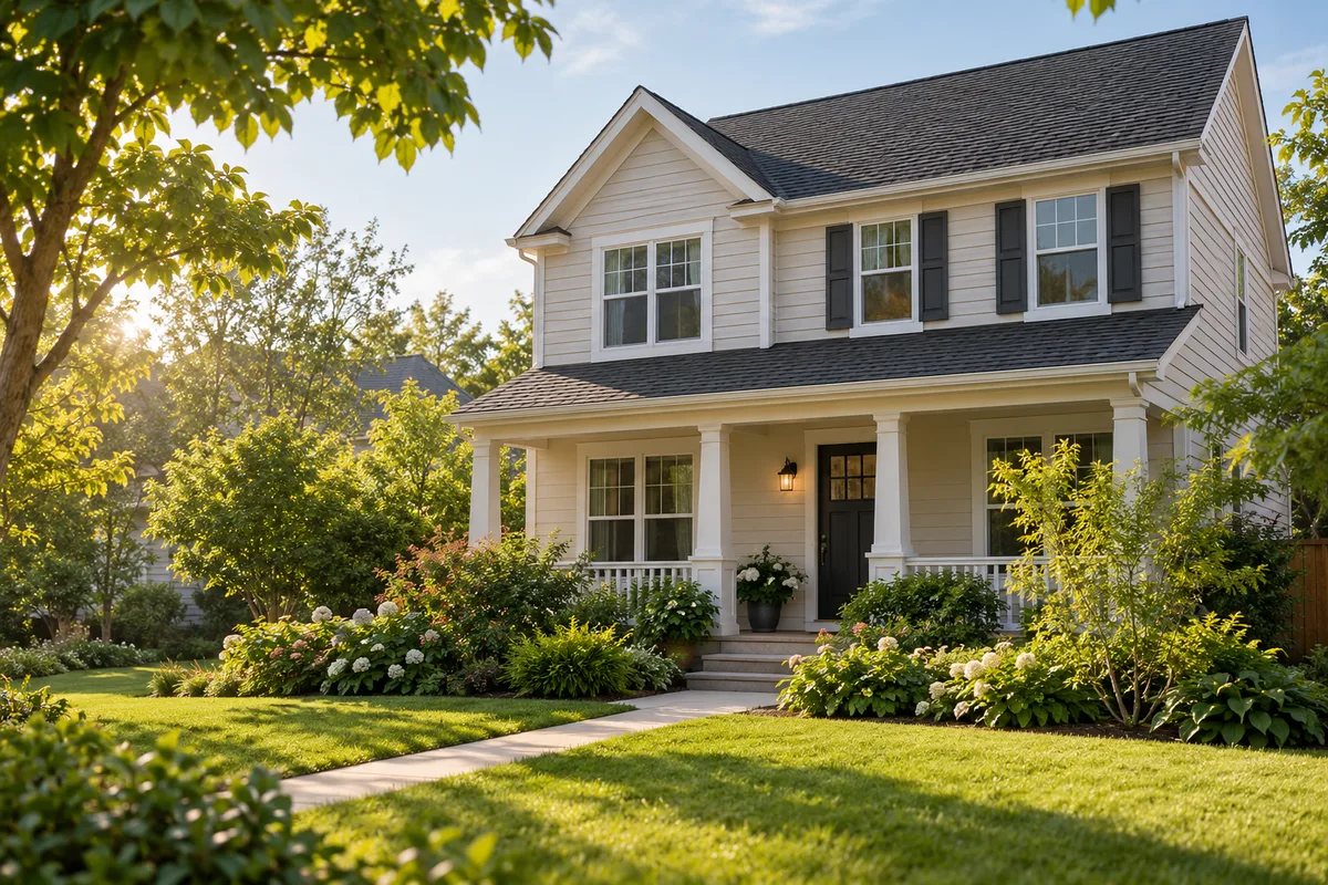 Illustration of a welcoming two-story home with a front porch and garden